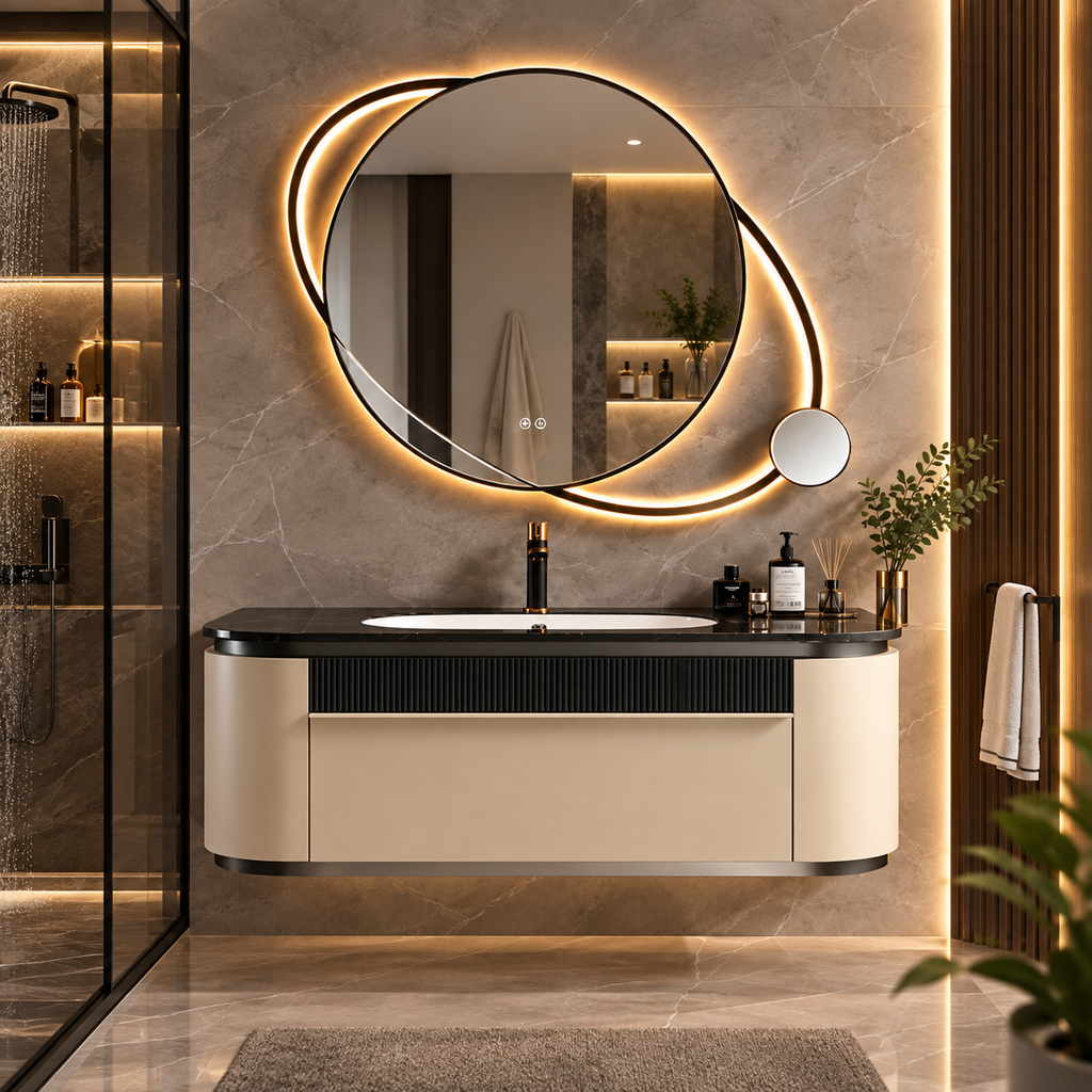 Marcella 51” Stainless Steel Floating Bathroom Vanity with Sculptural Mirror