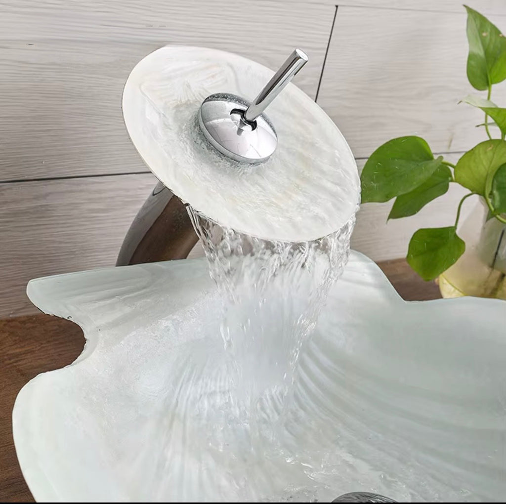 Coralia White Shell Glass Vessel Sink Set
