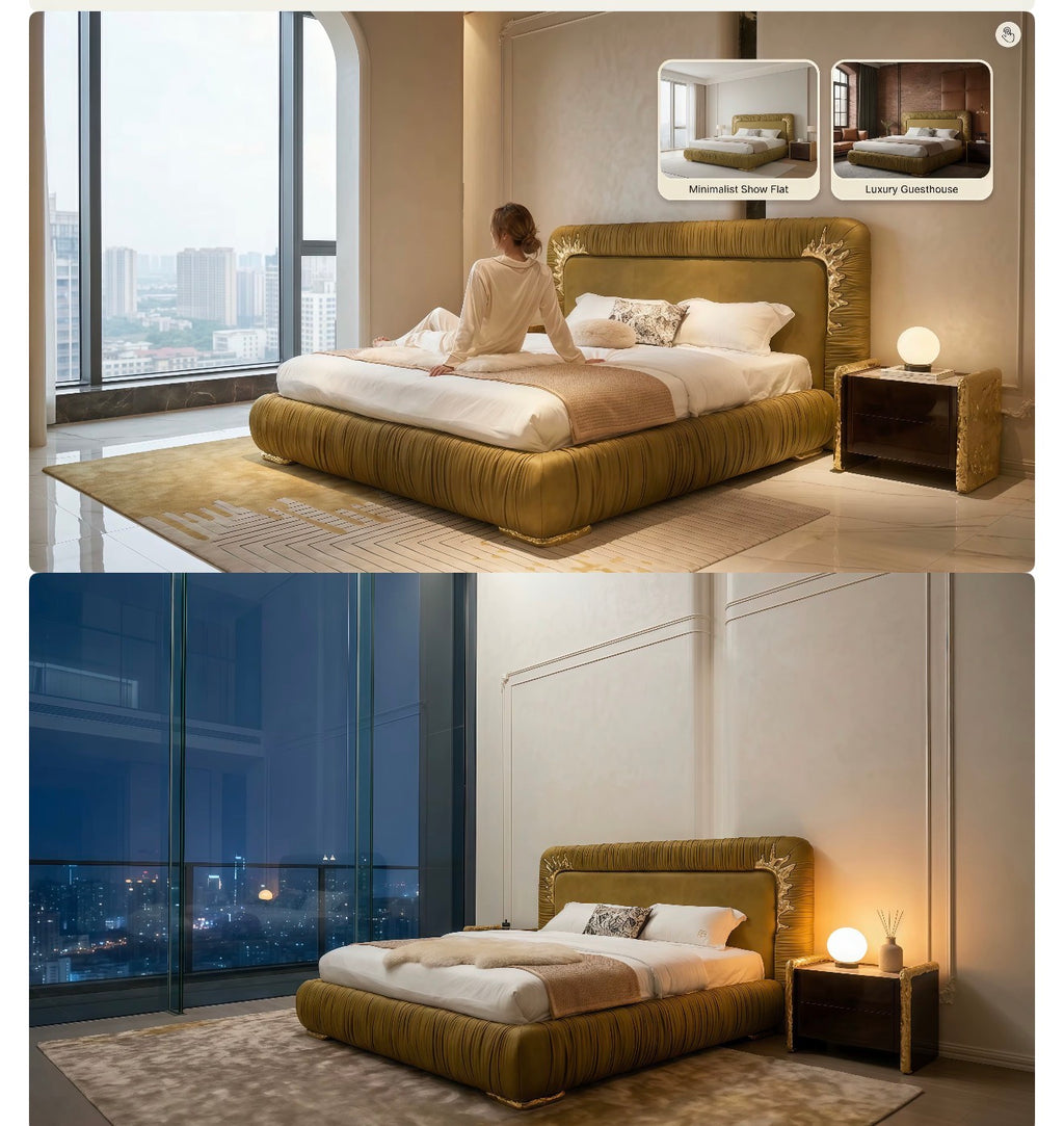 Lorenzo Gold Pleated Velvet Bed