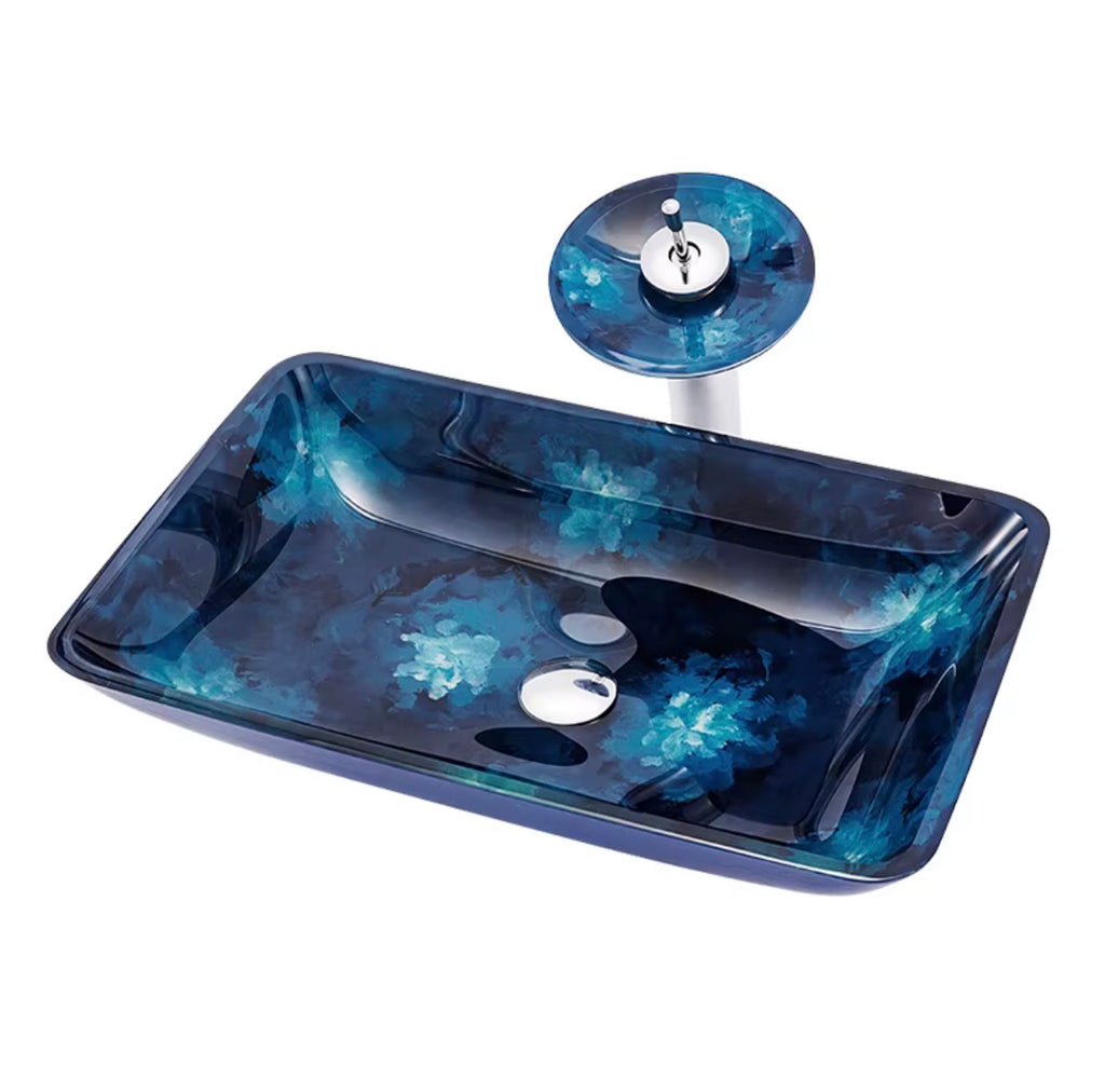 Floriana Blue Floral Glass Vessel Sink Set