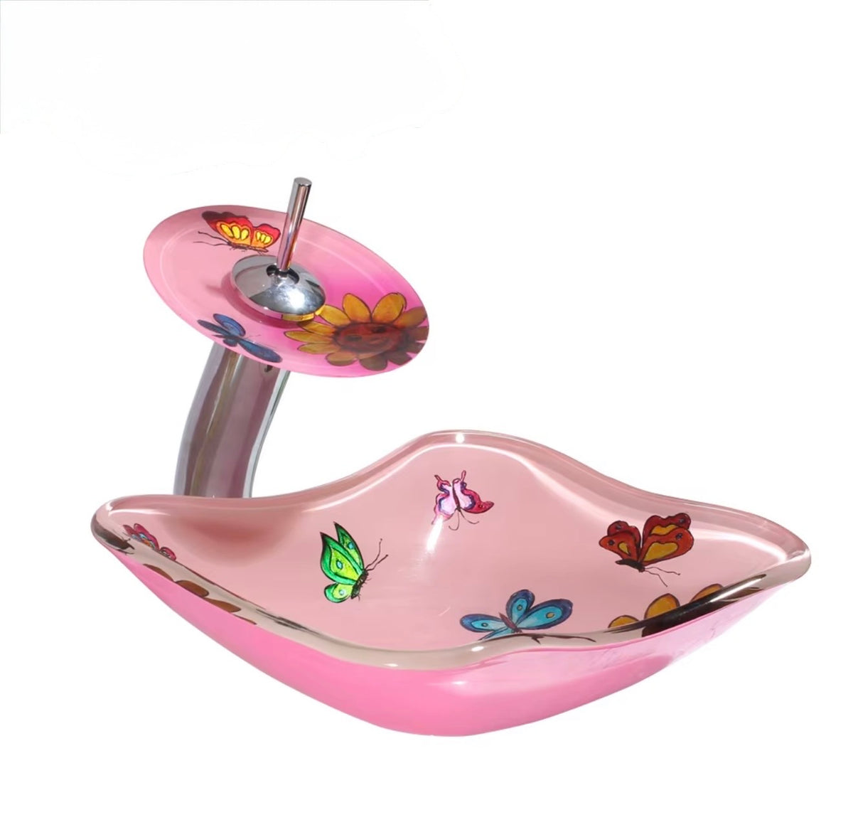 Farfalla Pink Butterfly Glass Vessel Sink Set