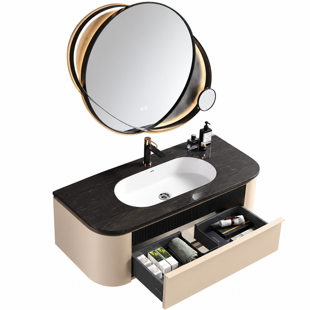 Marcella 51” Stainless Steel Floating Bathroom Vanity with Sculptural Mirror