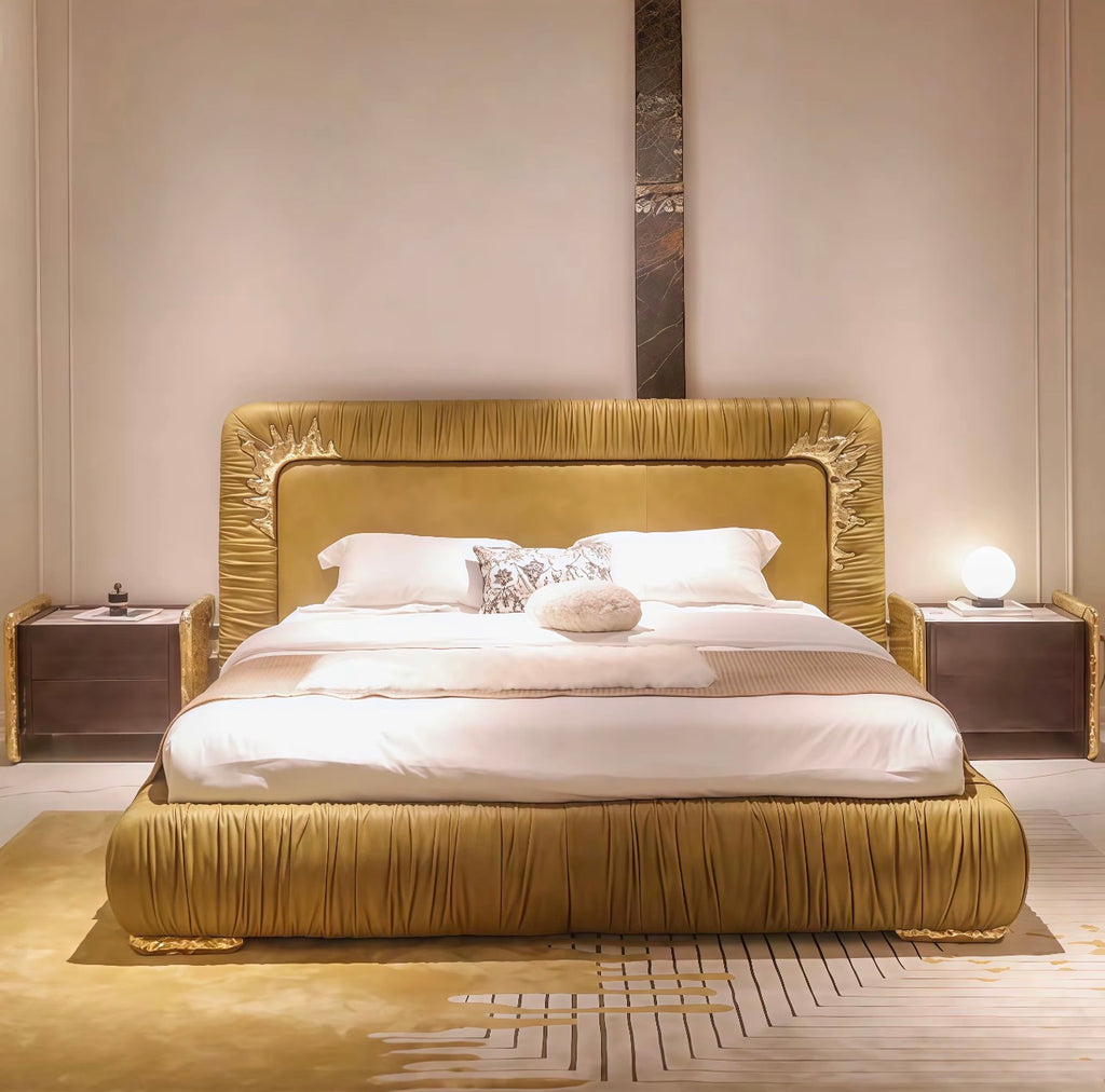 Lorenzo Gold Pleated Velvet Bed