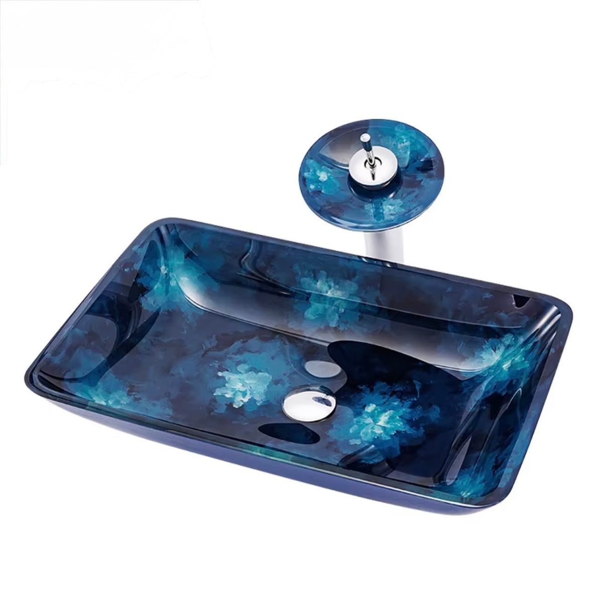 Floriana Blue Floral Glass Vessel Sink Set