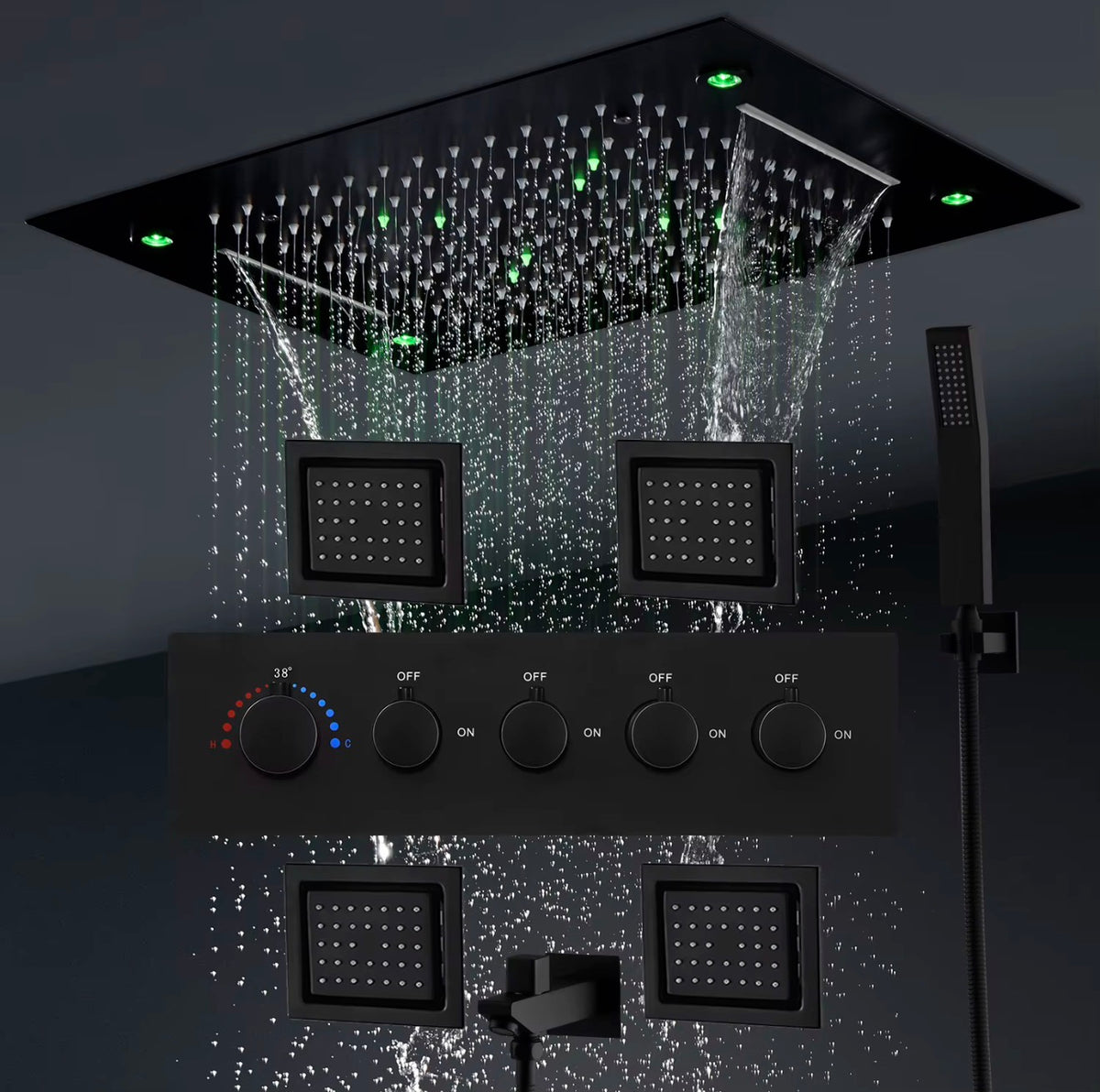AURA Matte Black LED Shower Head Panel Waterfall Shower System