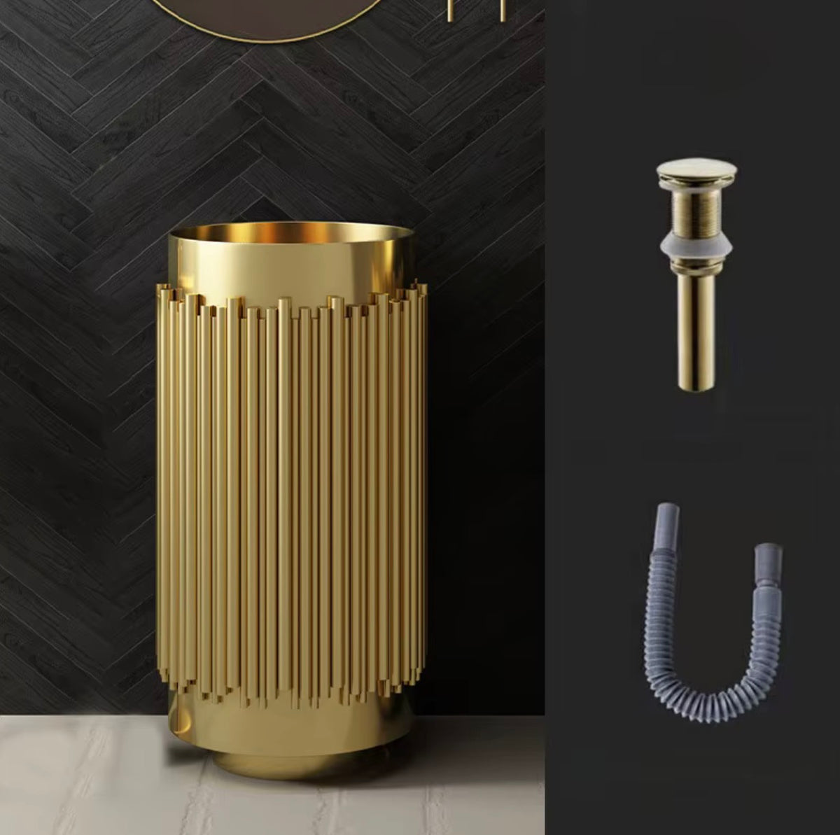Eloise Fluted Stainless Steel Pedestal Sink with Drain Kit