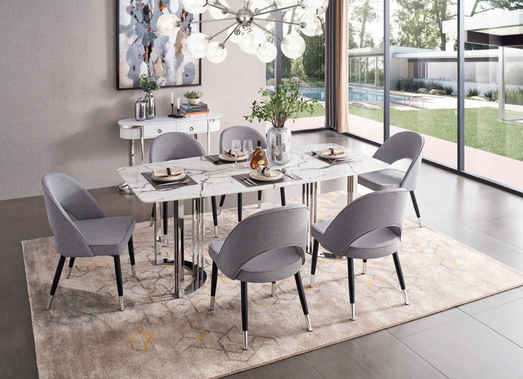 Casa Milano – 131 Silver Marble Dining Set | Italian Luxury Table with 6 Chairs & Buffet
